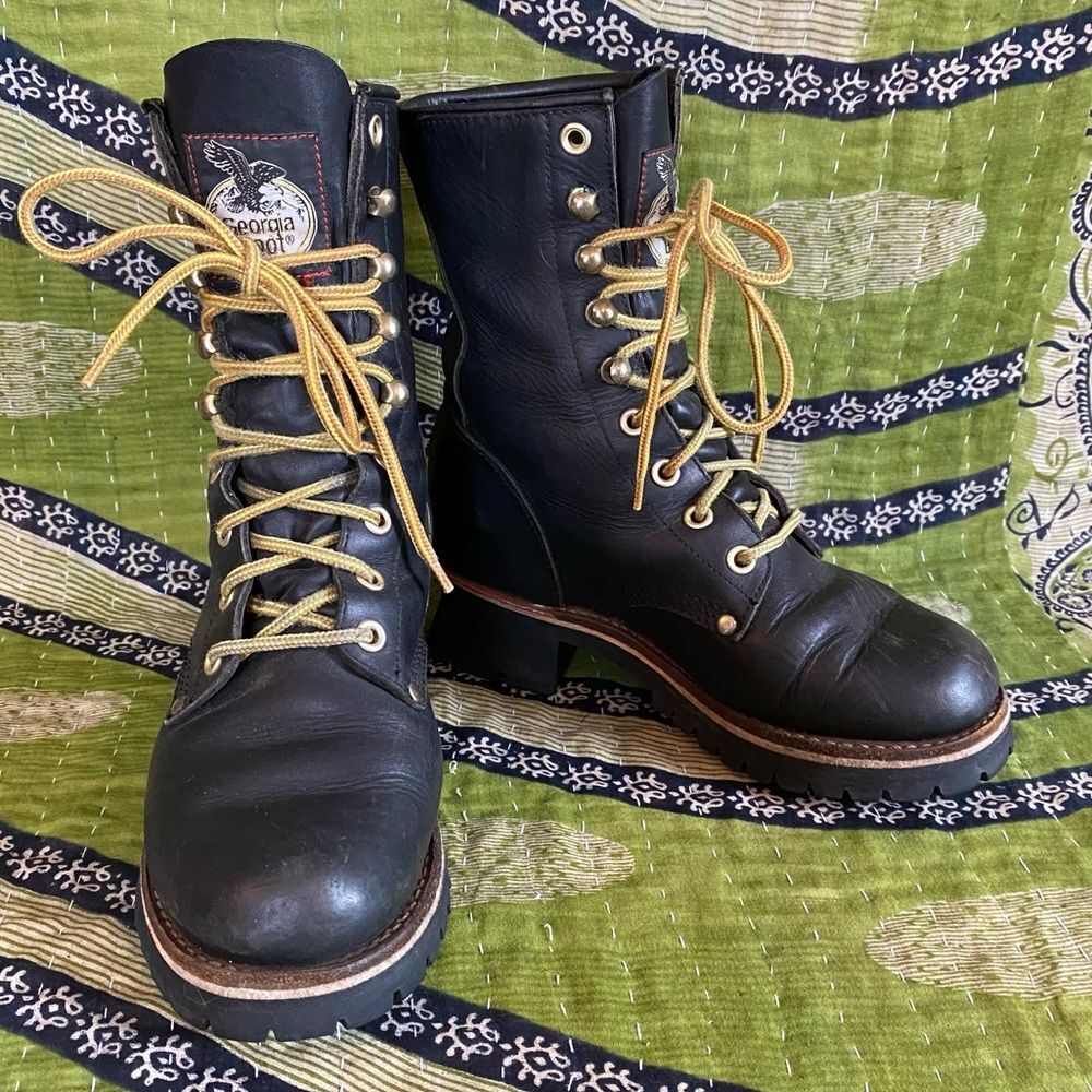 Vtg Georgia Boot Black Logger Leather Work Boots Size US 5.5 Punk Goth Grunge